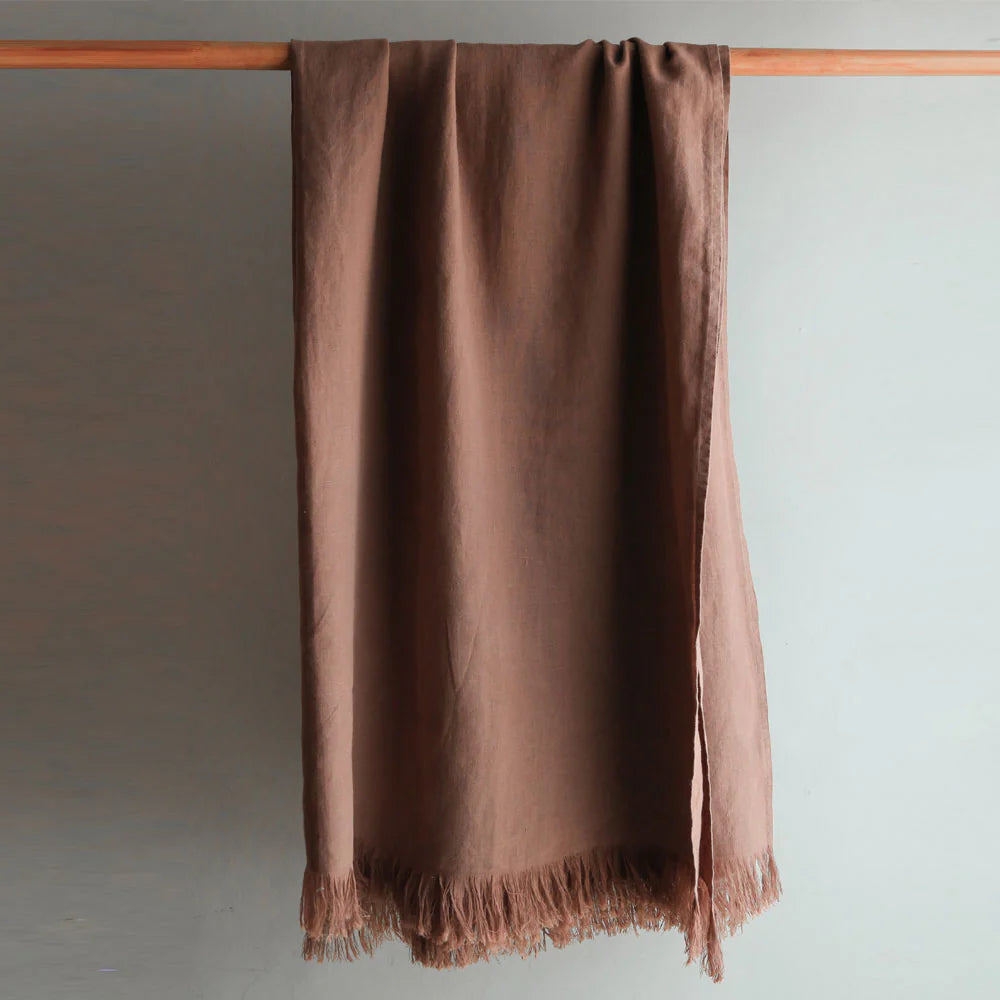 Steal Deal 100% Linen Mocha Fringe Throw Blanket