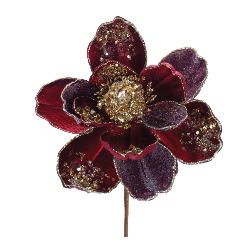 Stock Clearance Beaded Burgandy Magnolia Flower Stem, Set of 2