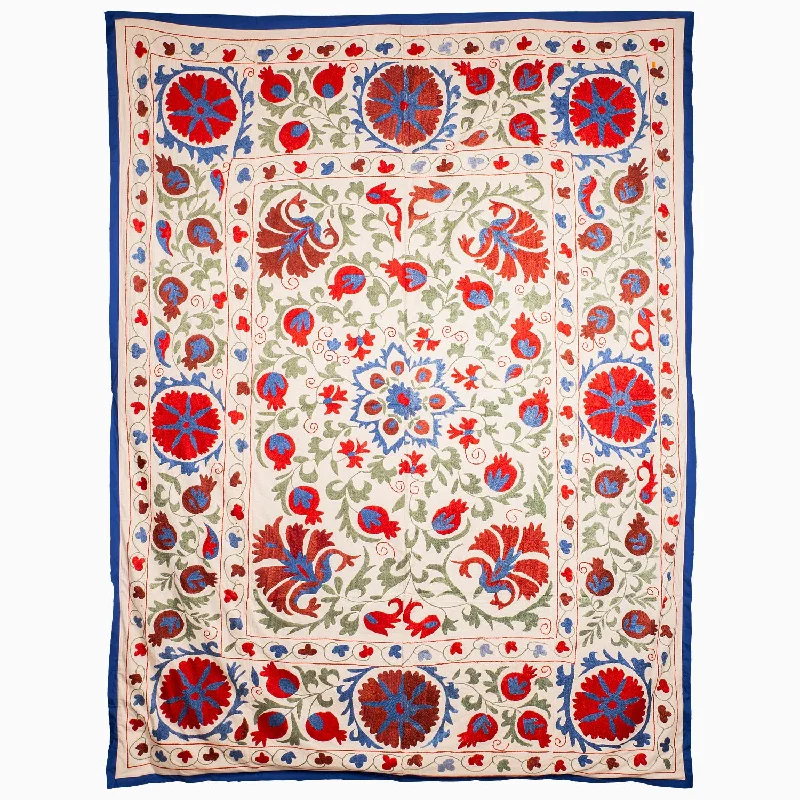 Stock Clearance Blue And Coral Outlines Suzani Blanket