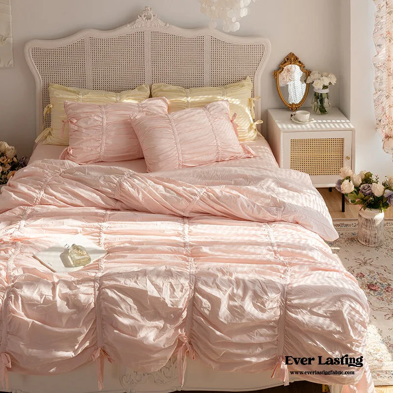 Flash Deals For A Limited Time Coquette Ruffle Ribbon Ties Duvet Cover / Pink