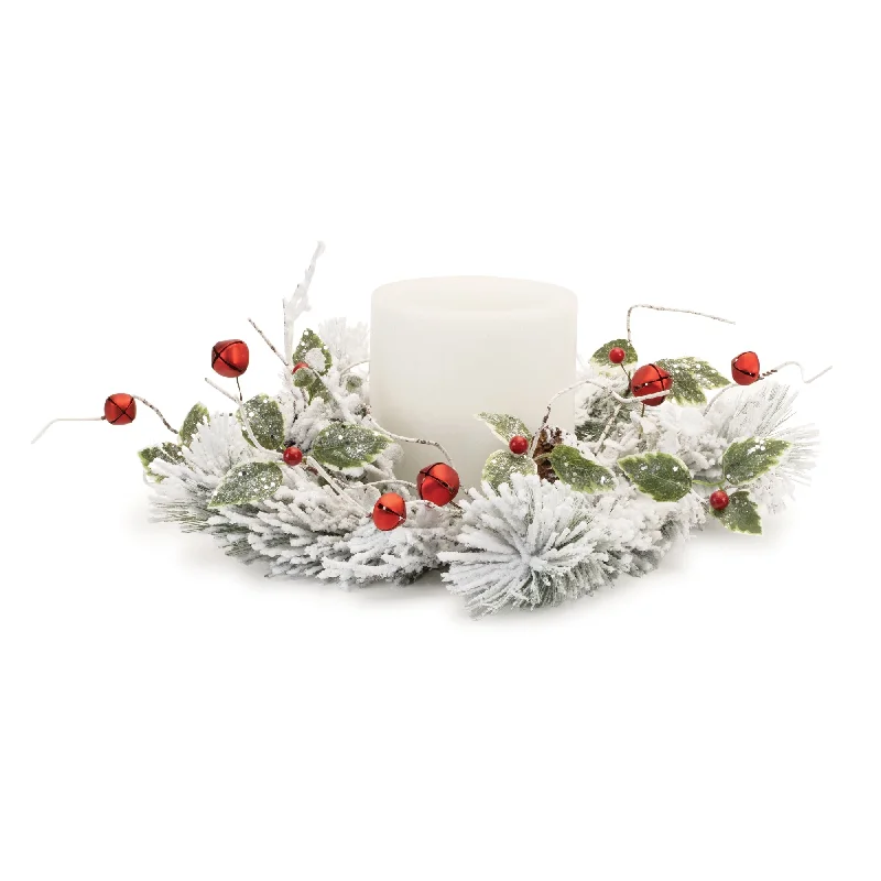 Don't Miss Out Flocked Pine Holly Sleigh Bell Candle Ring 18"D
