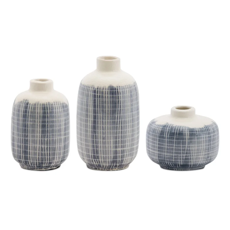 Weekend Specials to Snag Mini Terra Cotta Bud Vase with Navy Criss Cross Pattern, Set of 6