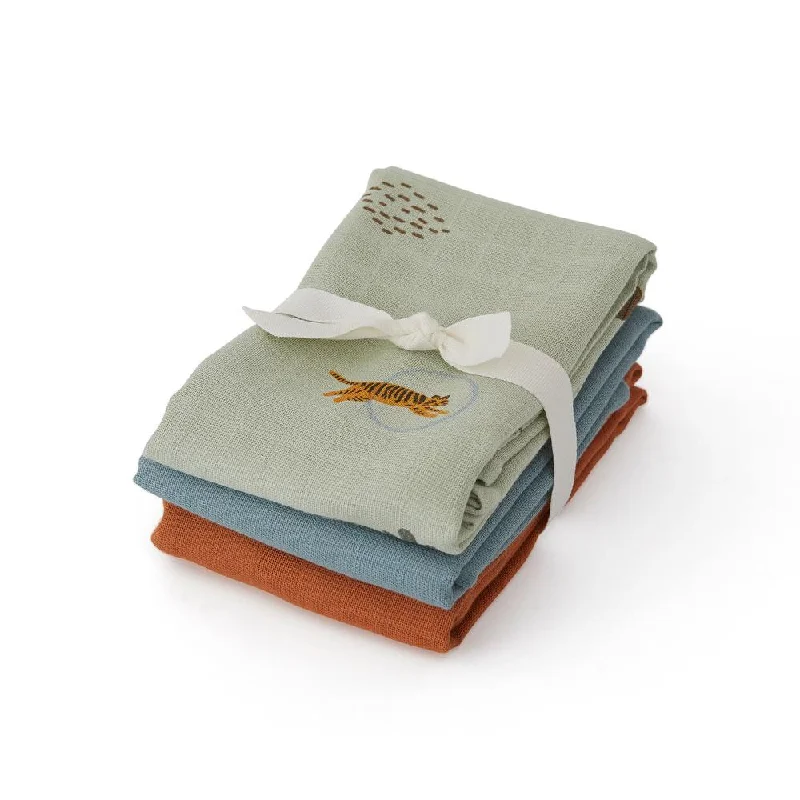 Reduced Prices Set of 3 Tiger Muslin Square in Green