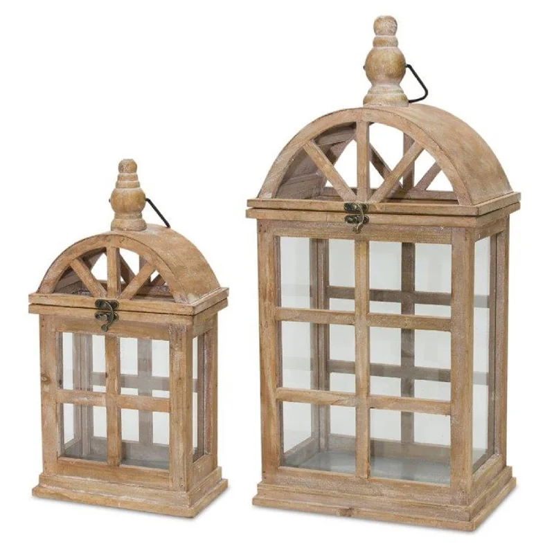 Instant Discount Natural Wooden Lantern with Curved Top, Set of 2