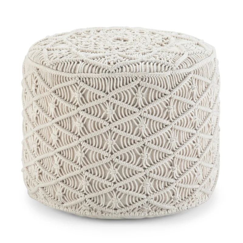 Overstock Round Pouf with Macramé Woven Natural Pattern