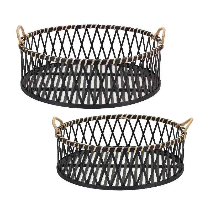 Super Sale Round Woven Bamboo Trays with Rattan Handle Accent, Set of 2