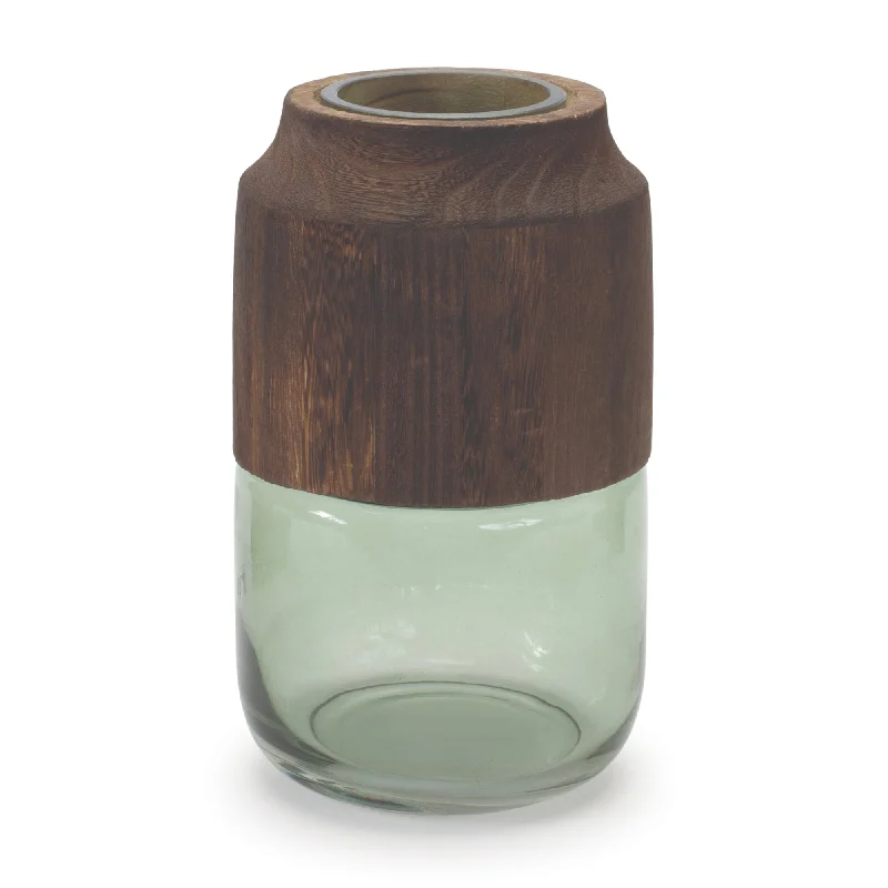 Unmissable Sale Sage Glass Vase with Wood Accent 9"H