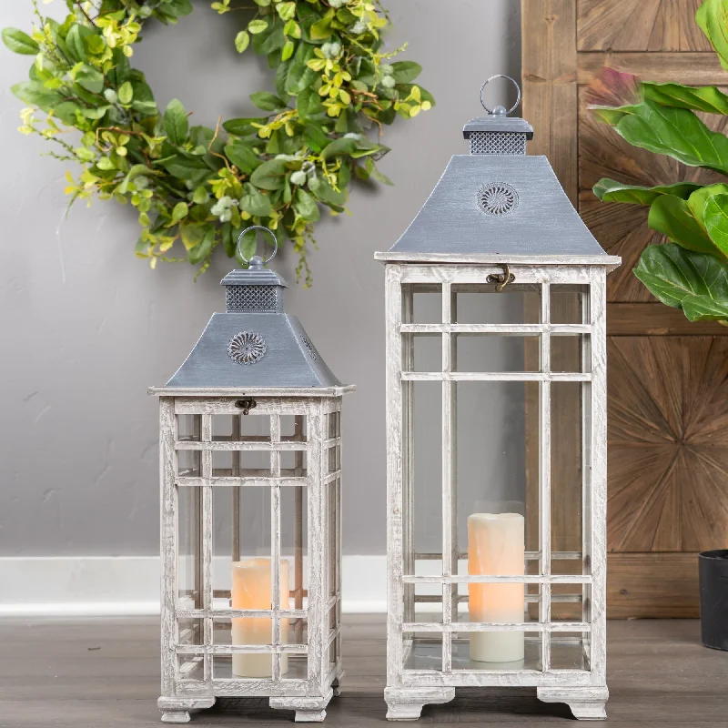 Online Only Traditional Farmhouse Lantern with Metal Lid, Set of 2