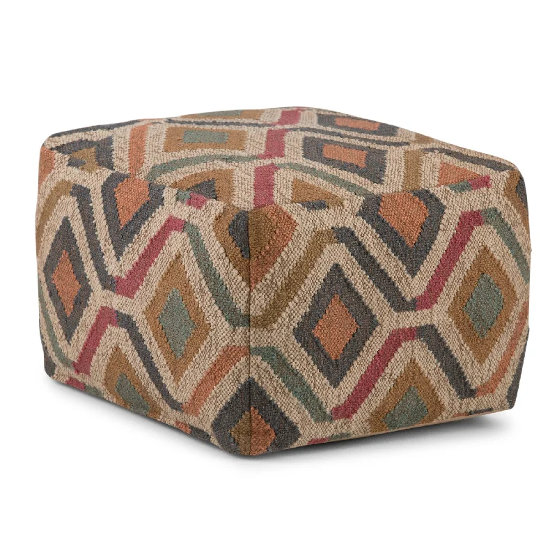 Lowest Price Velour Square Woven Pouf with Multi-Color Kilim Pattern