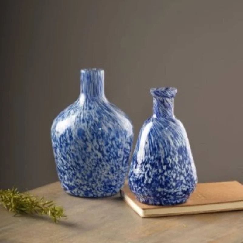 Price Slash White & Blue Splutter Glass Bottle Vase, Small