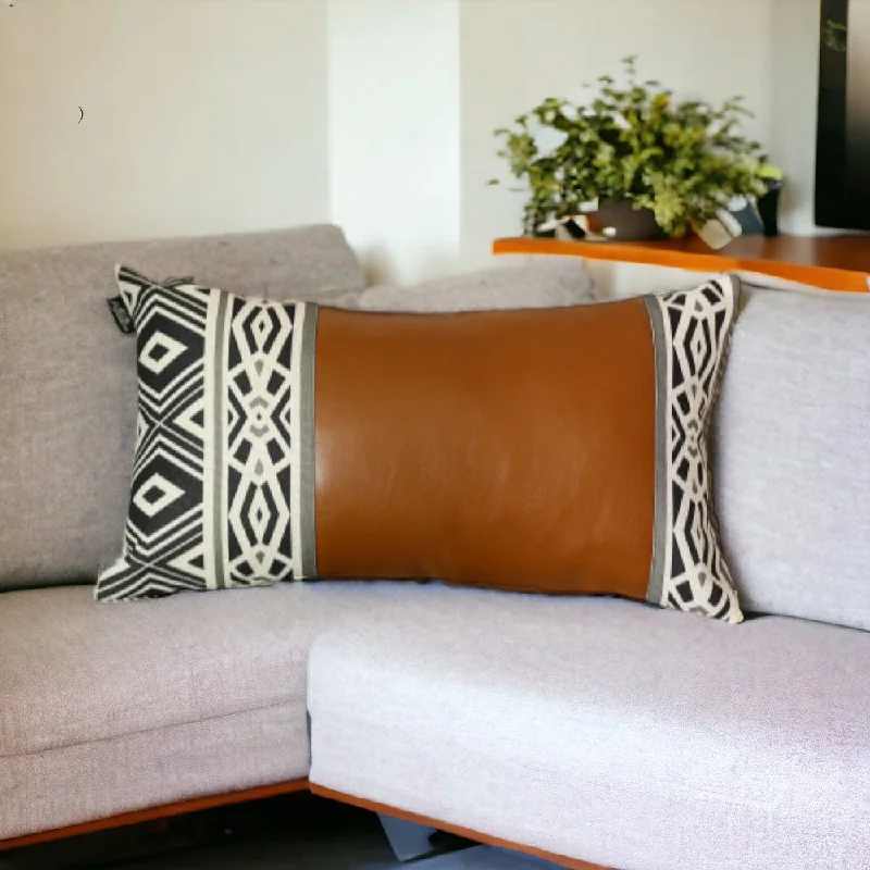 Warehouse Sale 12" X 20" Brown and White Faux Leather Throw Pillow Cover