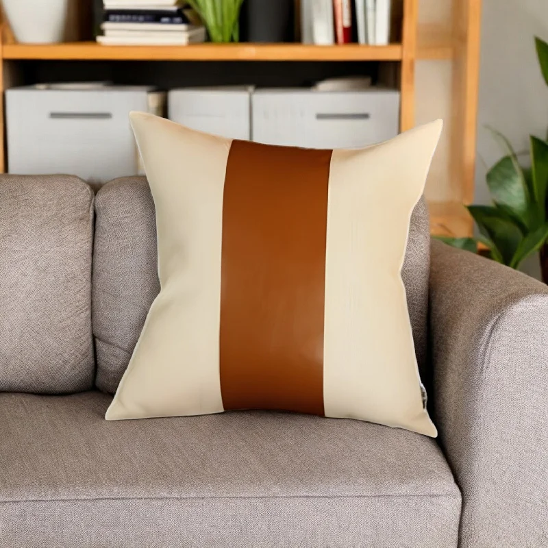 Closeout Sale 17" Ivory and Brown Striped Polyester and Faux Leather Throw Pillow Cover Closeout Sale 17" Ivory and Brown Striped Polyester and Faux Leather Throw Pillow Cover
