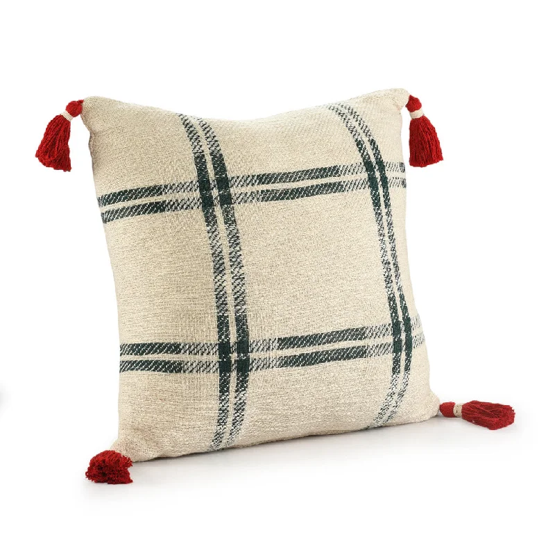 Bargain Prices 20" X 20" Ivory and Green Christmas Plaid Cotton Zippered Pillow With Tassels Bargain Prices 20" X 20" Ivory and Green Christmas Plaid Cotton Zippered Pillow With Tassels