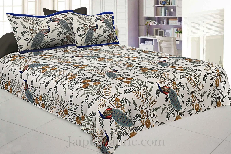 Massive Deals Beautiful Peacocks Off White Pure Cotton King Size Bedsheet