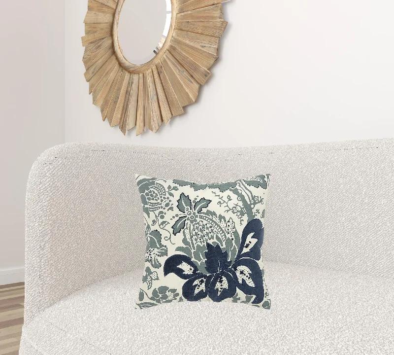 Can't Be Beat Blue Ivory Flower Pod Down Filled Throw Pillow