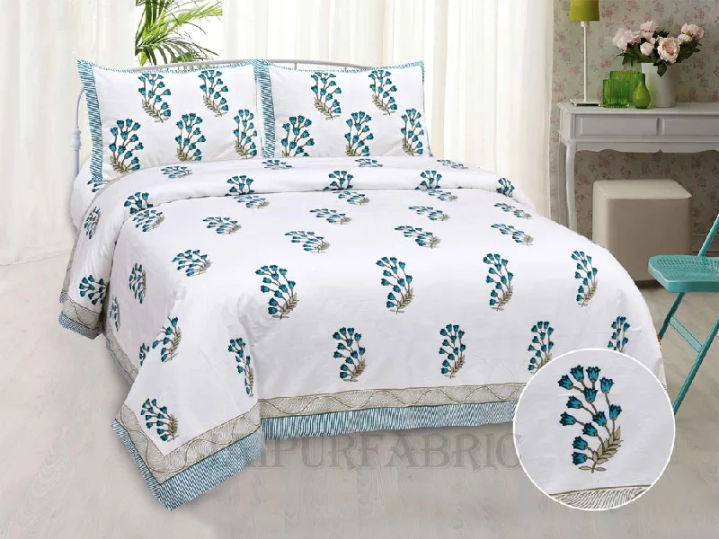 Special Discount Charming Rose Blue Fine Cotton Hand Block King Size Bedsheet Set