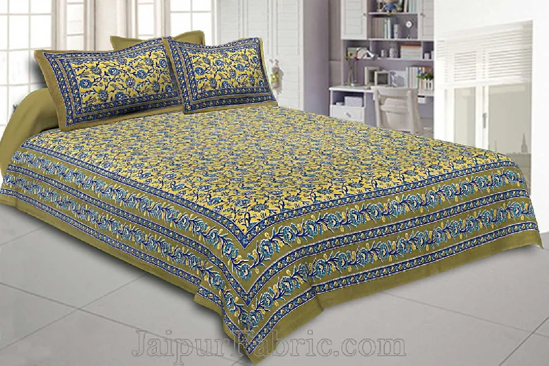 Holiday Sale Double Bedsheet Olive Green Floral Bud Jaal Print With 2 Pillow Covers
