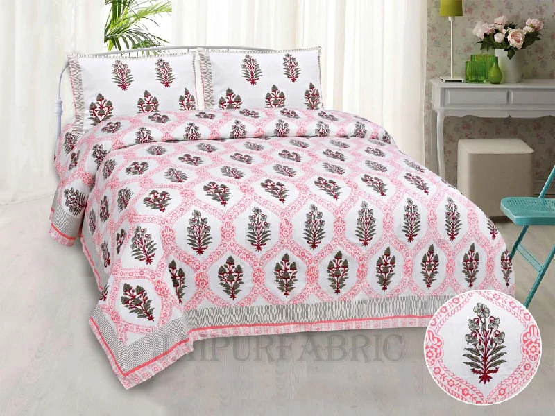 Super Bargain Jaal Salmon Fine Cotton Hand Block King Size Bedsheet Set