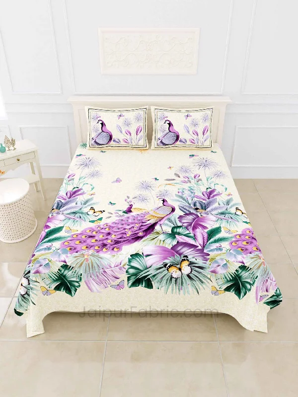 Special Offer Peacock Lavender Digital Print Luxury Cotton King Size Bedsheet
