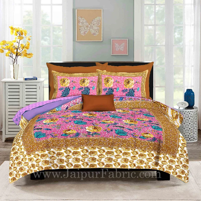 Weekend Savings Spectacular Pink Base Rose Floral Design Screen Print Multi Base King Size Double Bedsheet With 2 Pillow Cover