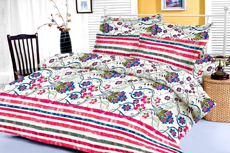 Weekend Specials to Delight Pink Floral and Slanting Stripe Border King Size Cotton Bed Sheet Weekend Specials to Delight Pink Floral and Slanting Stripe Border King Size Cotton Bed Sheet