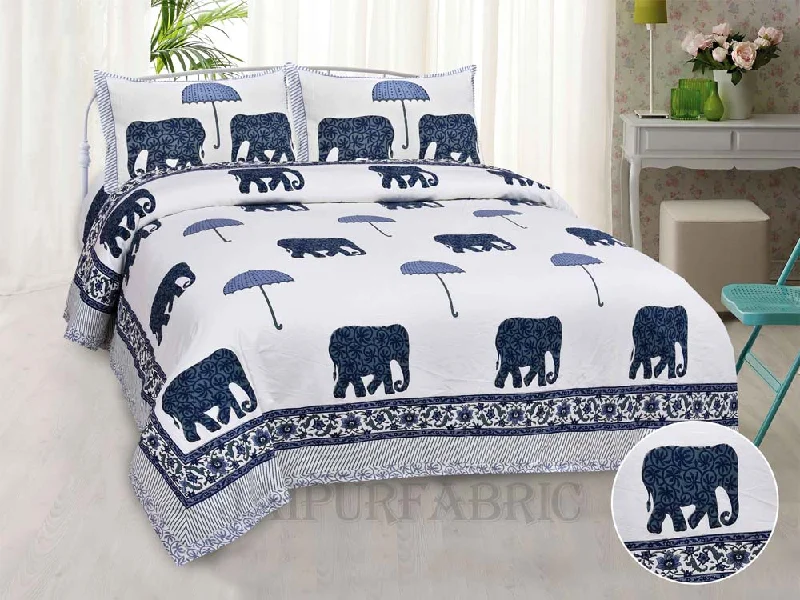Steals and Deals Tusker Blue Fine Cotton Hand Block King Size Bedsheet Set