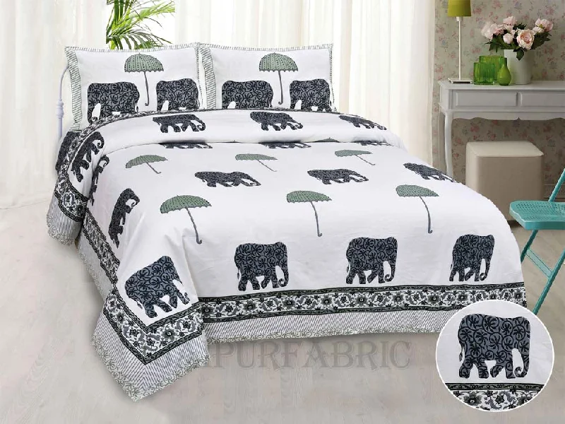 Special Price Tusker Grey Fine Cotton Hand Block King Size Bedsheet Set