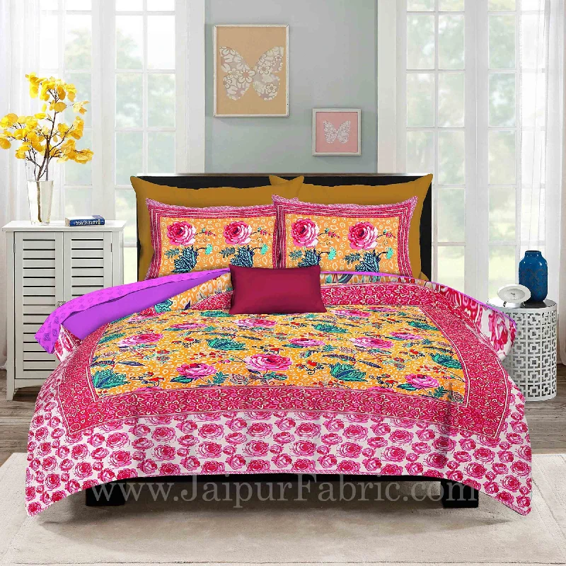 Season Finale Sale Yellow Base Rose Floral Design Screen Print Multi Base King Size Double Bedsheet With 2 Pillow Cover